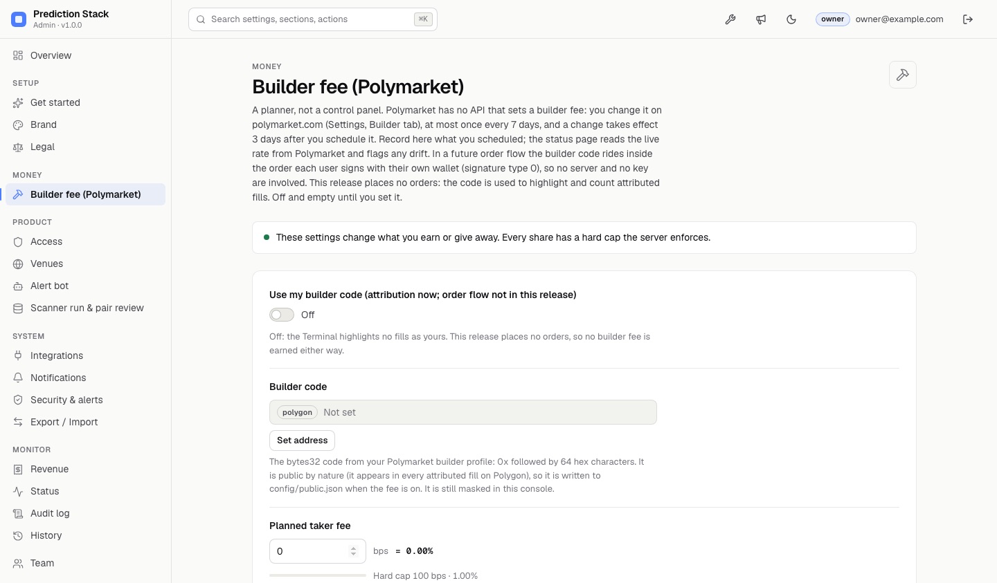 Builder fee (Polymarket) section as shipped: off, no code, 0 bps